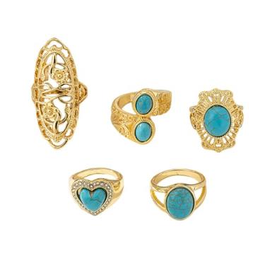 Imagem de Conjunto de 5 anéis de dedo empilháveis turquesa para mulheres e homens, boêmio, pedra grossa, coração ocidental, flor, oval, pedra preciosa, anel midi vintage, boêmio, festa, amizade, diário, joia