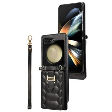 Imagem de HJZSZX Para Samsung Z Flip 6 Crossbody Lanyard Couro Phone Case Wrist Corda Wallet Card Cover (Para Samsung Z Flip 6/preto)