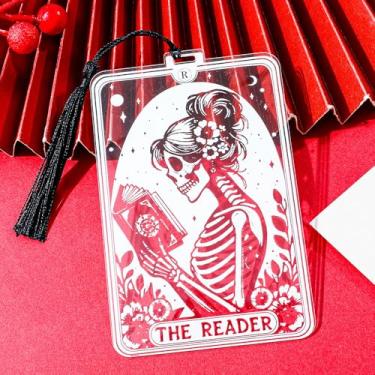 Imagem de 2 marcadores de livro de crânio gótico translúcido para mulheres leitoras – Marcador de livro de acrílico com tema "leitor" com borla para enfermeiros, aposentados, presentes masculinos, acessórios de