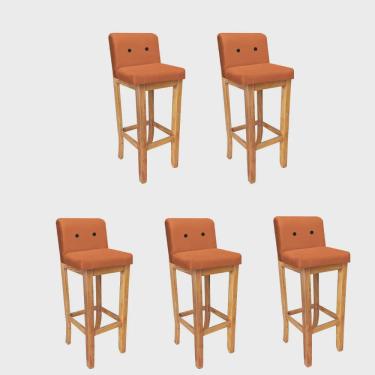 Imagem de Kit 05 Banqueta Alta Com Encosto Aila Balcão Bistrô Base Madeira Maciça Sintético Laranja Botão Preto - Ahz Móveis