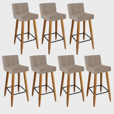 Imagem de Kit 07 Banqueta Alta Lucy Com Encosto Cozinha Bar Balcão Bistrô Pé Palito Castanho Corino Bege - Ahz Móveis