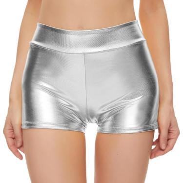 Imagem de Joygoodta Shorts Booty Shorts de cintura alta brilhante saia metálica sexy couro prata booty para mulheres e meninas Dance Rave Festival, fantasias de festa, Prata, G