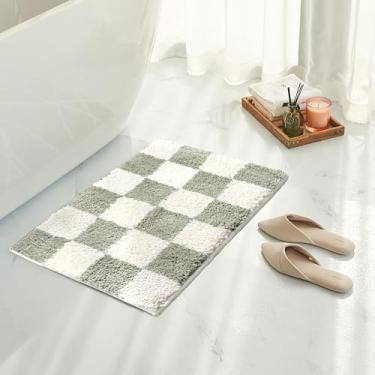 Imagem de Tititex Tapete de banheiro de luxo verde sálvia bege quadriculado, 50,8 cm x 81,2 cm clássico tabuleiro de xadrez extra macio e absorvente, tapete de banho felpudo antiderrapante para chão de banheiro