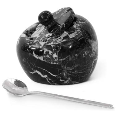 Imagem de Radicaln Saleiro de mármore com tampa, pote de temperos feito à mão preto de 10 cm para caixa de sal ideal para Kichen, suporte de sal de pedra e suporte de sal para balcão