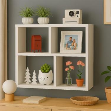 Imagem de Prateleira Estante Cubo de Parede com 4 Compartimentos 60x60cm, Branco Organizador Decorativo para Sala