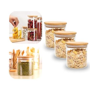 Imagem de Kit 3 Potes Vidro Hermético 500ml Tampa Bambu: Mini Organizador Cozinha