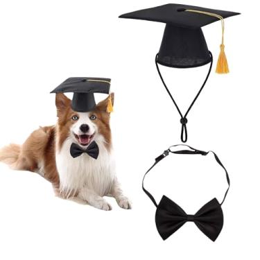 Imagem de 1 conjunto de boné e gravata de formatura para animais de estimação, chapéu de graduação preto com borla amarela, mini fantasia de cachorrinho elegante para foto para cães, gatos, acessório de férias