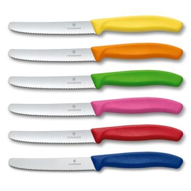 Imagem de Conjunto de facas de bife Victorinox Swiss de aço inoxidável, 6 peças, redondas, 11,4 cm, serrilhadas, com alças de fibra verde, laranja, rosa, amarela, vermelha e azul