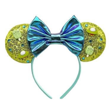 Imagem de WW-WONDERFULWORLD Green Sequin Mouse Ears Headband with Space Alien Theme Style Accessories, Shiny Purple Bow + Blue Rhinestone Diamond, for Park Costume Cosplay Glitter Party