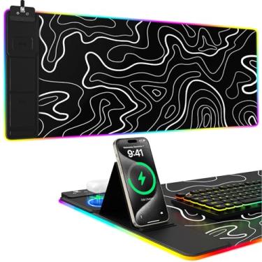Imagem de Mouse pad com suporte de telefone, tapete de mesa de carregamento sem fio, mousepad RGB para jogos em casa, escritório, grande almofada de mesa com superfície ultra-suave, base antiderrapante, teclado