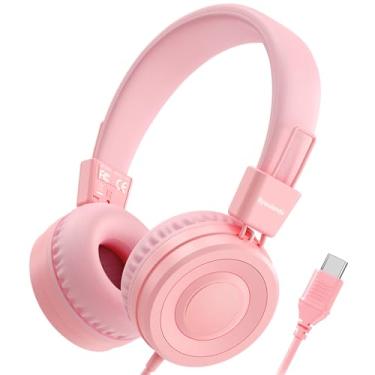 Imagem de Bywulanda Fone de ouvido infantil USB tipo C atualizado para escola, volume limitado de 94 dB, som estéreo HD, fones de ouvido supra-auriculares leves dobráveis para meninos/meninas/estudantes/tablet