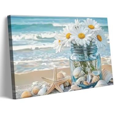 Imagem de Blue Coastal Beach Tela de parede arte de parede Mason Jar Margaridas brancas estrela do mar e conchas decoração de parede imagem tema oceano sereno impressão de pôster para sala de estar decoração de