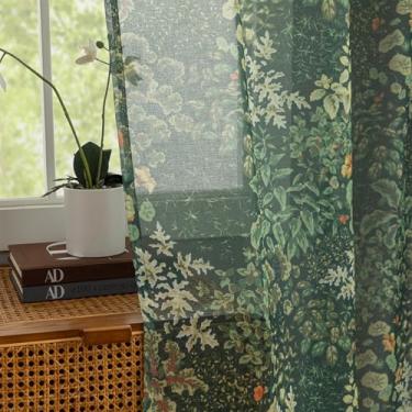 Imagem de Cortinas transparentes verde-escuras, 203 cm de comprimento, 2 painéis, folhas, floral, pattened, vintage, cottagecore, cortinas botânicas para sala de estar, bolso para varão, privacidade, filtro de