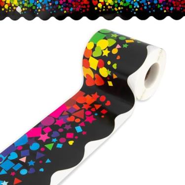 Imagem de Bordas de quadro de avisos, confetes autoadesivos de 1,8 m, formas de acabamento de borda enroladas recortadas, decoração colorida para sala de aula, escritórios, mesas de parede, janelas, portas