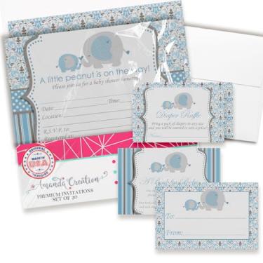 Imagem de Convites de chá de bebê para meninos – Conjunto de convite de chá de bebê de elefante com ingressos de sorteio de fraldas, cartões de solicitação de livro e envelopes. Conjunto de 20 conjuntos de kits
