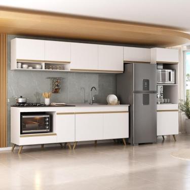 Imagem de Armário De Cozinha Modulada Completa 6 Pçs Com Balcão Para Cooktop Veneza Multimóveis Mp2273 Branco/dourado