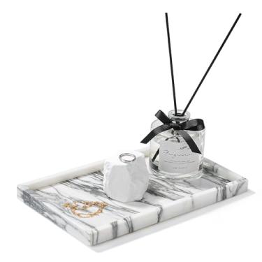 Imagem de Amauto Bandeja de mármore natural, bandeja de armazenamento de pedra genuína, luxuosa para decoração de casa de banho/penteadeira/cômoda, sem resina/não cerâmica (Arabescato Calacatta)