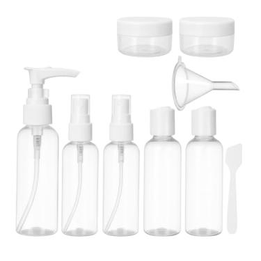 Imagem de Kit Frascos para Viagem 9 Peças – Frascos Portáteis Reutilizáveis para Shampoo, Sabonete, Cremes, Cosméticos, Líquidos – Mini Potes Plásticos para Mala de Mão e Necessaire - Shop100 (Branco)