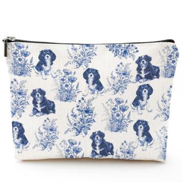 Imagem de RVEAFA Cavalier King Charles Spaniel Presentes Blue French Toile Makeup Bag Cavalier Lover Gifts for Women Girls Blue Toile Bags for Dogs Mom Birthday Gift for Dog Owners, Dog Mom