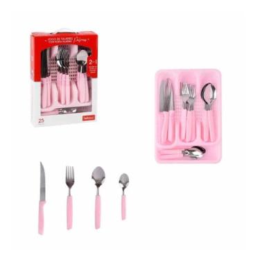 Imagem de Conjunto de Talheres 25 Peças com Organizador, Rosa, Facas 22cm, Garfos 20cm, Colheres 20cm, Colheres de Sobremesa 16cm