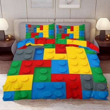 Imagem de Delerain Conjunto de capa de edredom solteiro, blocos de construção coloridos, conjunto de cama de 3 peças para meninos, meninas, adolescentes, moderno, microfibra macia, decoração de quarto, 1 capa