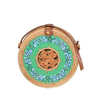 Imagem de SHAREYOIU Bolsas de ombro redondas de vime estampadas à mão estilo praia tropical natural chique com alça de couro, nº 2 verde-claro, Big，7.87x 3.2 inch