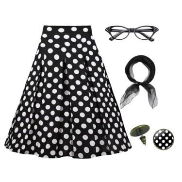 Imagem de Knemksplanet Saias midi poodle femininas dos anos 50, 4 peças, acessórios de fantasia dos anos 50, cachecol e brincos de bolinhas, Bolinhas pretas, X-Large