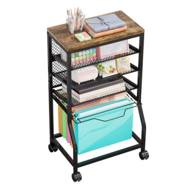 Imagem de INGIORDAR Carrinho de arquivo com rolamento, organizador sob a mesa com rodas bloqueáveis e bandejas deslizantes de malha, carrinho multifuncional para escritório, casa, escola (preto, 5 camadas)