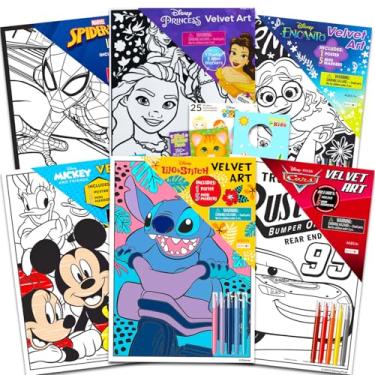 Imagem de Pôster de colorir em veludo Disney para crianças – Pacote com 6 páginas de arte com Mickey, Stitch, Homem-Aranha, mais marcadores, adesivos | Pacote de folhas de colorir de veludo Disney Fuzzy