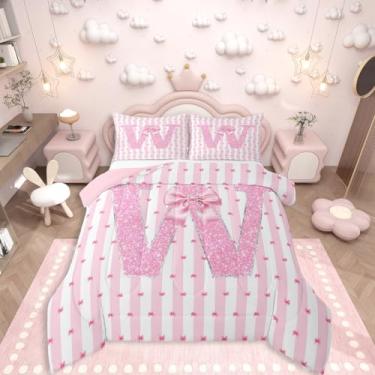 Imagem de Erosebridal Conjunto de cama solteiro com laço rosa, alfabeto, para quarto de crianças, meninas, adolescentes, laço, glitter, edredom de princesa, 2 peças