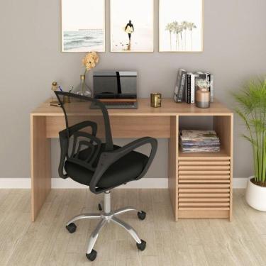 Imagem de Escrivaninha com Ripado 2 Gavetas 1 Nicho com Cadeira para Escritório Diretor Tela Mesh Tok 3310 Amêndoa/Preto
