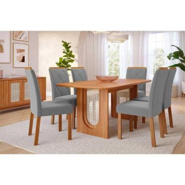 Imagem de Sala de Jantar Completa Valentina Tampo Madeirado 180x90cm e 6 Cadeiras Fernanda Cinamomo - Carvalho/Linho Grafite - Cimol
