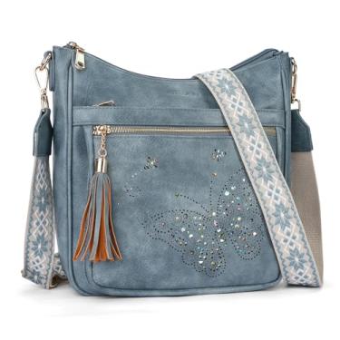 Imagem de KITEVIUN Bolsas transversais médias para mulheres modernas, bolsas femininas de ombro borboleta com borla, 001 - Azul, Tendência