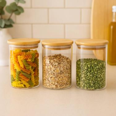 Imagem de Kit 3 Potes de Vidro Redondo com Tampa de Bambu 800 ml Hermético