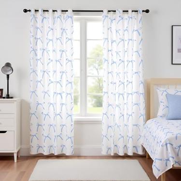 Imagem de Cortinas de janela infantis com laço de desenho animado, nó de laço geométrico, patchwork moderno, cortinas de janela para meninas e mulheres, pintadas à mão, azul, nobre, tratamentos de janela, ilhós
