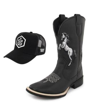 Imagem de Kit Bota Texana Masculina Couro Western Preta Horse + Boné Trucker - T