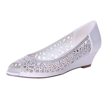 Imagem de Sapatos de noiva Erijunor femininos Peep Toe salto baixo anabela de casamento strass brilhante, Marfim, 8.5