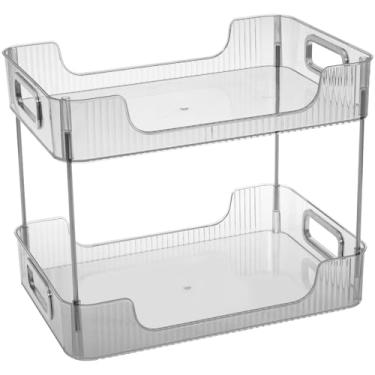 Imagem de Organizador de balcão de banheiro de plástico, prateleira de armazenamento de maquiagem de grande capacidade, economia de espaço, prateleira de armazenamento de banheiro para casa (cinza, deck duplo)