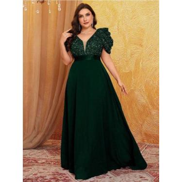Imagem de Vestido Gola V Manga Bufante Plus Size - Bia Modas, Verde
