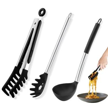 Imagem de 3 colheres de espaguete, garfo e pinça de macarrão, garfo de espaguete de silicone com dentes e cabo de aço inoxidável