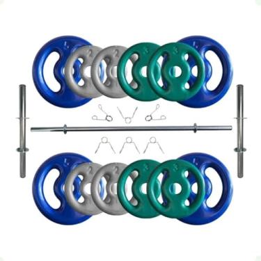 Imagem de Kit Anilhas Emborrachadas 40 Kg + Barras com Presilhas