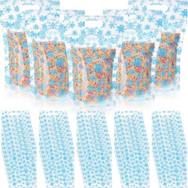 Imagem de Gersoniel 100 unidades de sacos de presente de Natal seláveis de plástico de floco de neve azul com alças para lembrancinhas de festa de Natal, doces, pequenos suprimentos de embrulho de presente