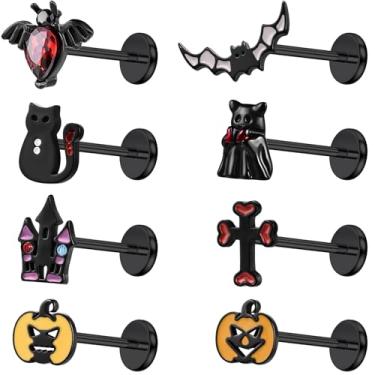 Imagem de PunkTracker 8 peças de brincos de costas planas hipoalergênicos para o dia das bruxas, fio interno cirúrgico de aço inoxidável tragus helix cartilagem concha nariz Monroe Labret Medusa piercing joia