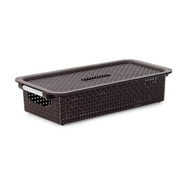 Imagem de CESTO ORGANIZADOR QUE IMITA RATTAN, COR: MARROM, C/TAMPA, MEDIDAS: 40,5x22x9cm