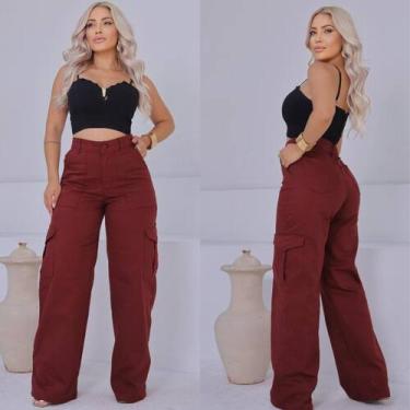 Imagem de Calça Cargo Jeans Feminina com Bolsos Utilitários e Cintura Alta Confo