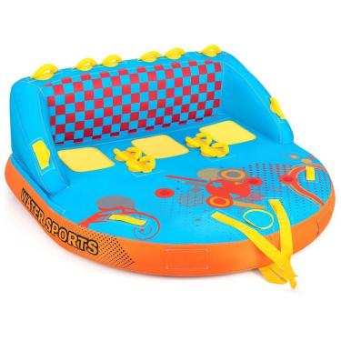 Imagem de Boia Rebocável para 3 Pessoas, Carga Máx 300 kg com Drenagem, Pontos de Reboque Duplos Dianteiros e Traseiros, Goplus, Azul e Laranja