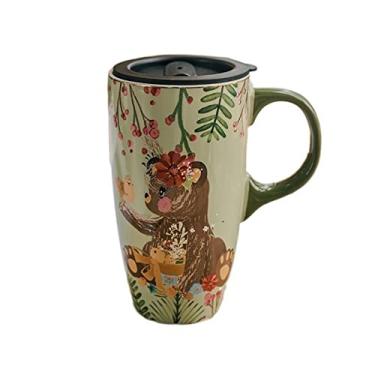 Imagem de GRFIT Caneca de cerâmica de 550 ml de super capacidade adorável copo de café da manhã com tampa copo de bebida para escritório doméstico com colher caneca de café (cor: B)