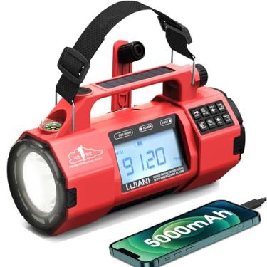Imagem de Rádio meteorológico de emergência FM/AM/SW, lanterna grande/alto-falante, tipo C, despertador com temporizador de sono, carga solar/manivela, bateria substituível de 5000 mAh, com carregador de