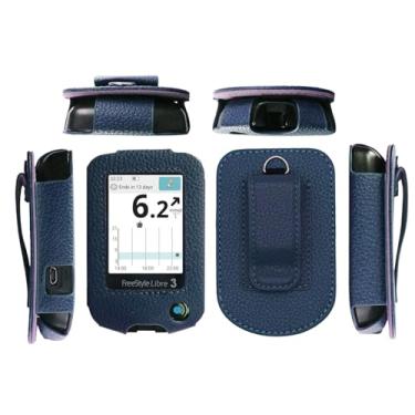 Imagem de Capa de couro ajustada com protetor de tela (inclui cordão) para Freestyle Libre 3, Freestyle Libre 2 (azul)