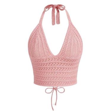 Imagem de Blusa Crop Halter Naileksi feminina com cadarço e sem encosto, crochê,